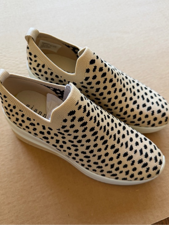Gianni Bini Shoes - Gianni Bini Cream Slip-On Knit Wedge Sneakers with Black Spot Print